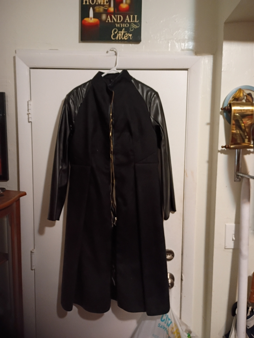 Black Long Coat with Faux Leather Sleeves And Bling Dress